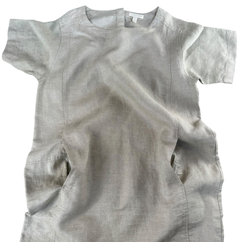 Eileen Fisher‎ Petite Silver Metallic Organic Linen Shift Dress PM PM/PM S18TGW - Picture 5 of 8